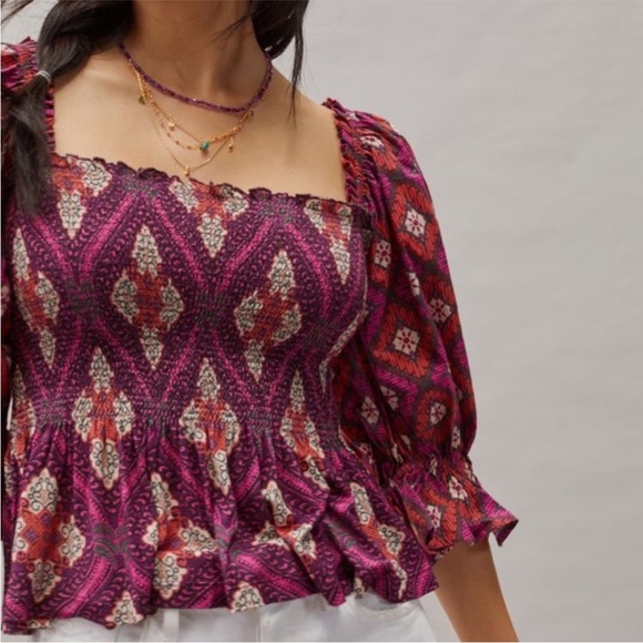 Anthropologie Conditions Apply Smocked
Sweetheart Blouse Pink Purple Small - Picture 3 of 10